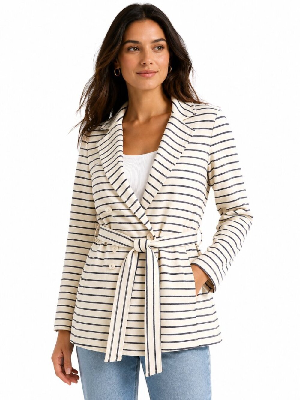 Market & Spruce Women's Striped Belted Blazer Jacket Cream Navy Double Breasted